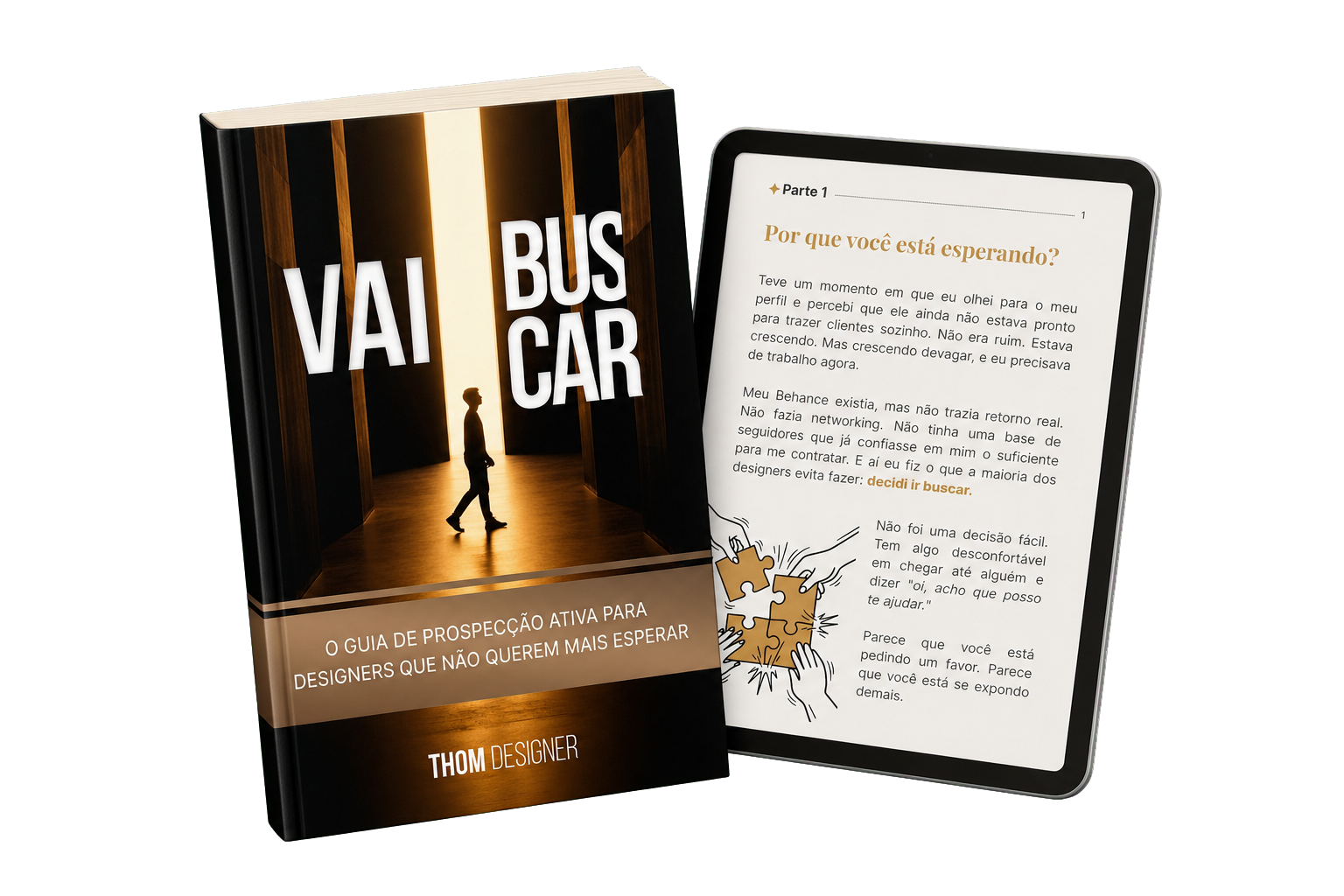 Mockup premium do e-book Vai Buscar com livro e tablet